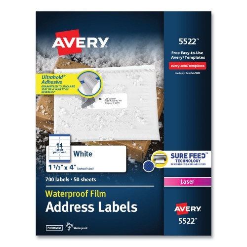 Avery Waterproof Address Labels With Trueblock And Sure Feed, Laser Printers, 1.33 X 4, White, 14/Sheet, 50 Sheets/Pack (5522)