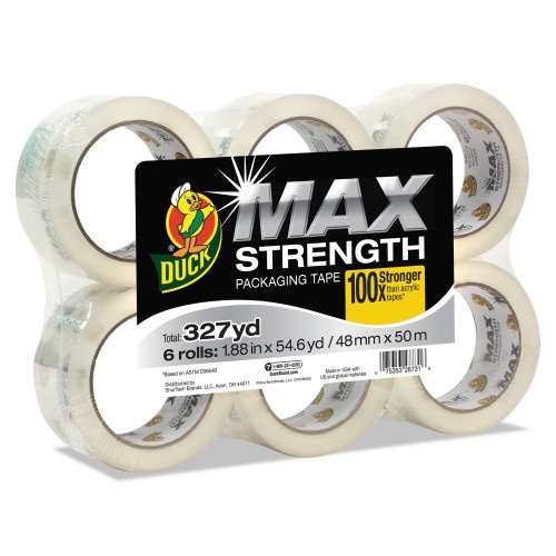 Duck Max Packaging Tape, 3" Core, 1.88" X 54.6 Yds, Crystal Clear, 6/Pack