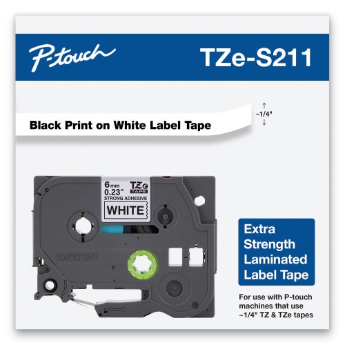 Brother Tze Extra-Strength Adhesive Laminated Labeling Tape, 0.23" X 26.2 Ft, Black On White