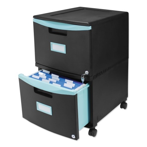 Storex Two-Drawer Mobile Filing Cabinet, 2 Legal/Letter-Size File Drawers, Black/Teal, 14.75" X 18.25" X 26"