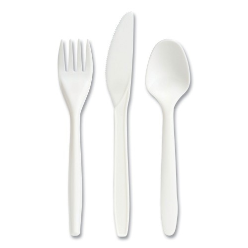 Perk Eco-Id Mediumweight Compostable Cutlery, Fork/Knife/Teaspoon, White, 120 Sets/Pack