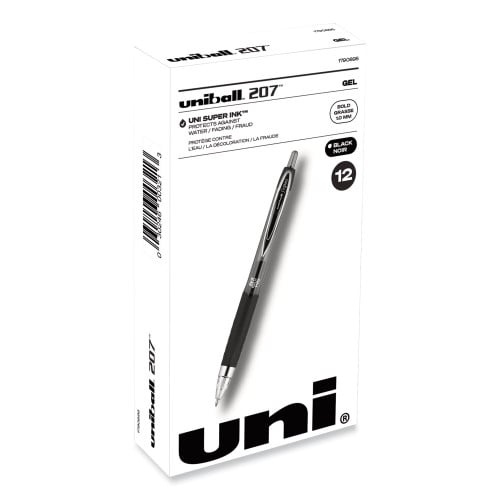 Uni-Ball Signo 207 Gel Pen, Retractable, Bold 1 Mm, Black Ink, Translucent Black Barrel, Dozen