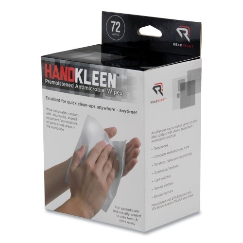 Read Right Handkleen Premoistened Antibacterial Wipes, 7 X 5, Foil Packet, Unscented, White, 72/Box