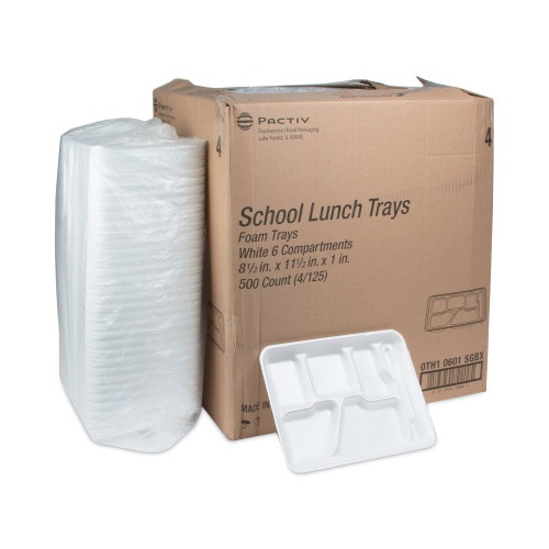 Pactiv Foam School Trays, 6-Compartment, 8.5 X 11.5 X 1.25, White,  500/Carton