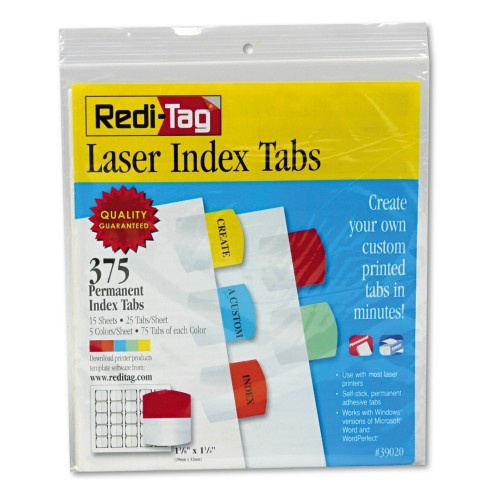 Redi-Tag Inkjet Printable Index Tabs, 1/5-Cut, Assorted Colors, 1.13" Wide, 375/Pack