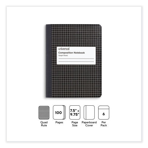 Universal Quad Rule Composition Book, Quadrille Rule (4 Sq/In), Black Marble Cover, 9.75 X 7.5 Sheets, 6/Pack
