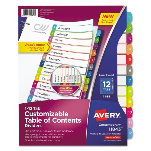 Avery Customizable Toc Ready Index Multicolor Tab Dividers, 12-Tab, 1 To 12, 11 X 8.5, White, Contemporary Color Tabs, 1 Set