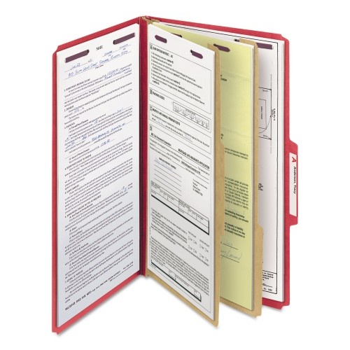 Smead Six-Section Pressboard Top Tab Classification Folders, Six Safeshield Fasteners, 2 Dividers, Legal Size, Bright Red, 10/Box
