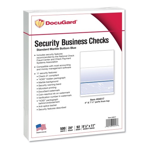 Docugard Standard Security Check, 11 Features, 8.5 X 11, Blue Marble Bottom, 500/Ream