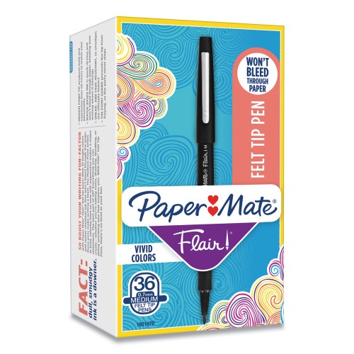 Paper Mate Point Guard Flair Felt Tip Porous Point Pen, Stick, Medium 0.7 Mm, Black Ink, Black Barrel, 36/Box
