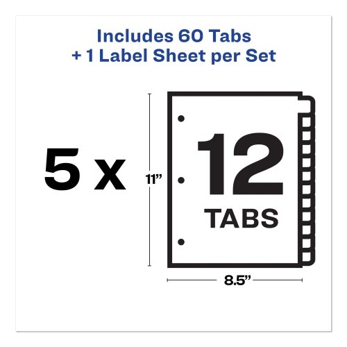 Avery Print And Apply Index Maker Clear Label Dividers, 12-Tab, White Tabs, 11 X 8.5, White, 5 Sets