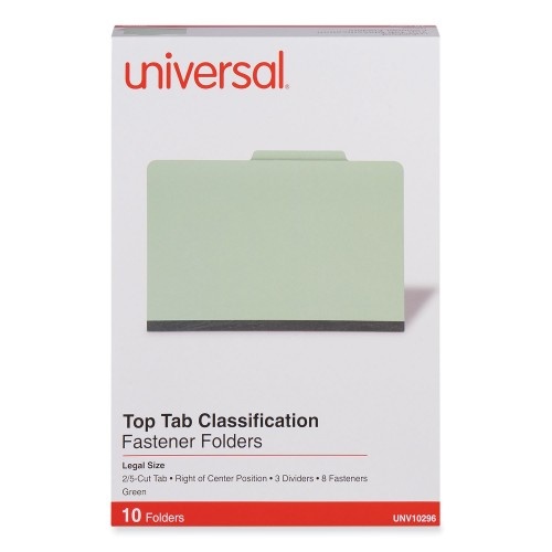 Universal Eight-Section Pressboard Classification Folders, 3" Expansion, 3 Dividers, 8 Fasteners, Legal Size, Green Exterior, 10/Box