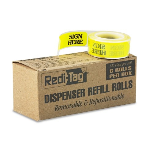 Redi-Tag Arrow Message Page Flag Refills, "Sign Here", Yellow, 120 Flags/Roll, 6 Rolls/Box