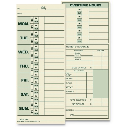 Tops Time Clock Cards, Replacement For 331-10, Two Sides, 3.5 X 8.5, 500/Box