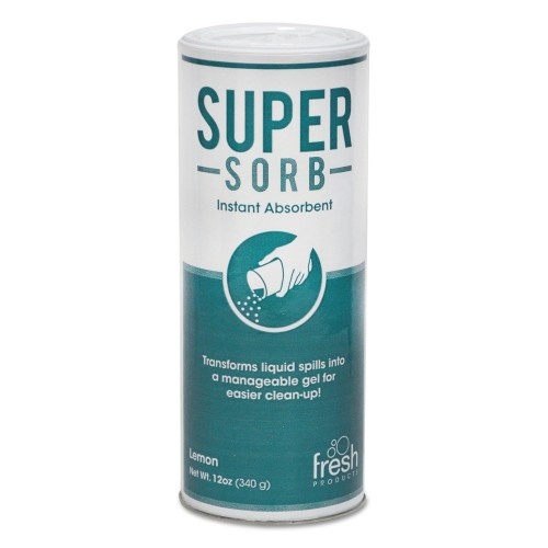 Fresh Products Super-Sorb Liquid Spill Absorbent, Lemon Scent, 720 Oz, 12 Oz Shaker Can, 6/Box