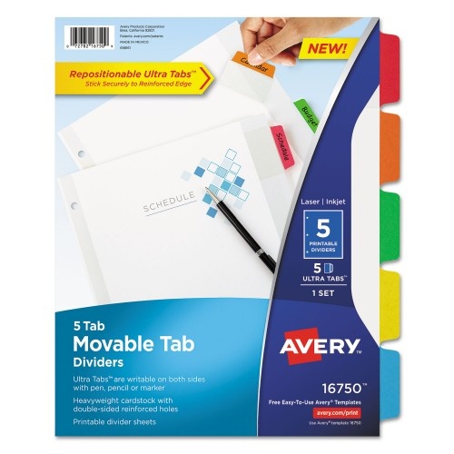 Avery Movable Tab Dividers With Color Tabs, 5-Tab, 11 X 8.5, White, 1 Set