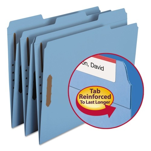 Smead Top Tab Colored Fastener Folders, 0.75" Expansion, 2 Fasteners, Letter Size, Blue Exterior, 50/Box
