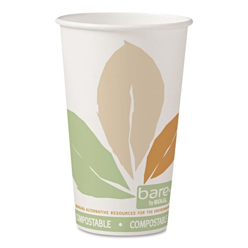 Solo Bare Eco-Forward Pla Paper Hot Cups, 16 Oz, Leaf Design, White/Green/Orange, 1,000/Carton