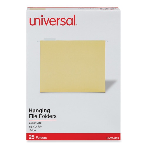 Universal Deluxe Bright Color Hanging File Folders, Letter Size, 1/5-Cut Tabs, Yellow, 25/Box