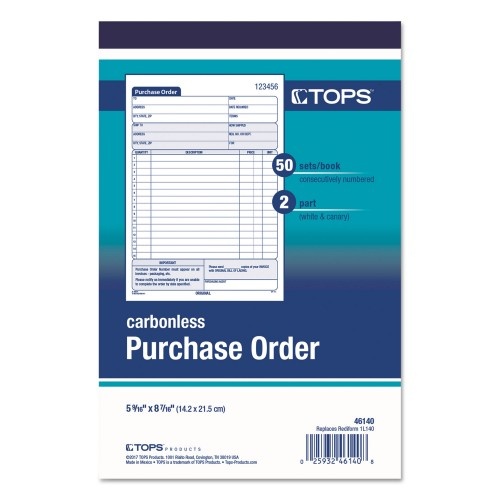 Tops Purchase Order Book, 12 Lines, Two-Part Carbonless, 5.56 X 8.44, 50 Forms Total