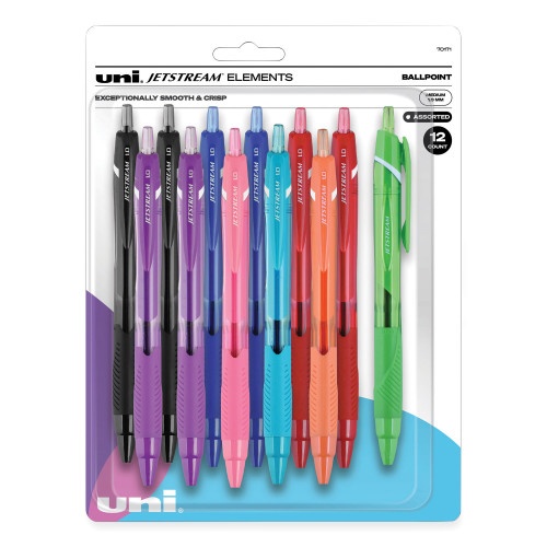 Uni-Ball Jetstream Elements Ballpoint Pen, Retractable, Medium 1 Mm, Assorted Ink And Barrel Colors, 12/Pack