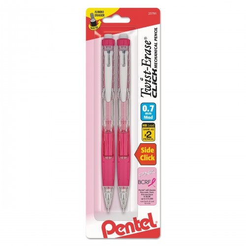 Pentel Twist-Erase Click Mechanical Pencil, 0.7 Mm, Hb (#2.5), Black Lead, Pink Barrel, 2/Pack