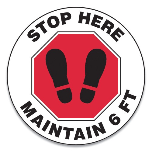 Accuform Slip-Gard Social Distance Floor Signs, 17" Circle, "Stop Here Maintain 6 Ft", Footprint, Red/White, 25/Pack