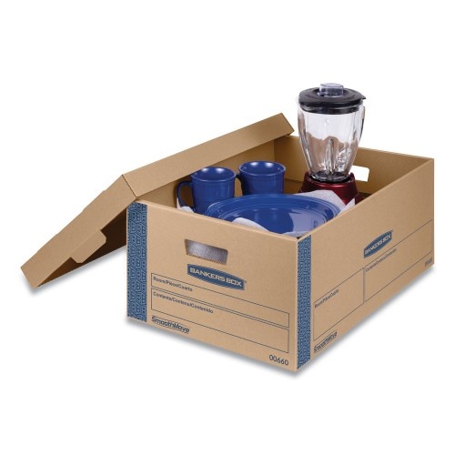 Bankers Box Smoothmove Prime Moving & Storage Boxes, Large, Half Slotted Container , 24" X 15" X 10", Brown Kraft/Blue, 8/Carton