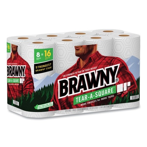 Brawny Tear-A-Square Perforated Kitchen Double Roll Towels, 2-Ply, 11 X 11, White, 120 Sheets/Roll, 8 Rolls/Pack, 2 Packs/Carton