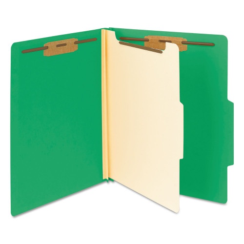 Smead Top Tab Classification Folders, Four Safeshield Fasteners, 2" Expansion, 1 Divider, Letter Size, Green Exterior, 10/Box