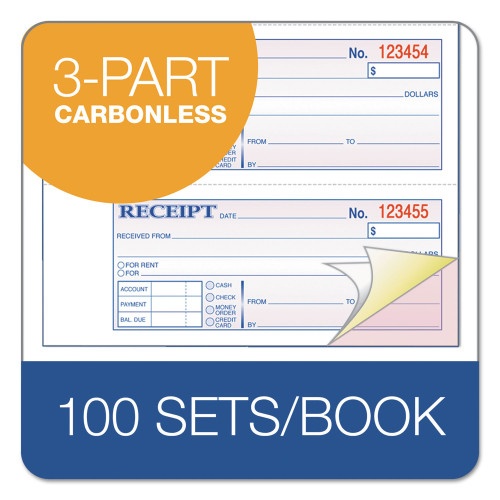 Adams Receipt Book, Three-Part Carbonless, 7.19 X 2.75, 4 Forms/Sheet, 100 Forms Total