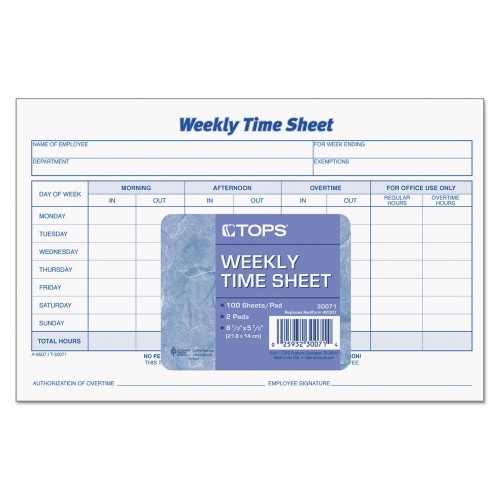 Tops Weekly Time Sheets, One-Part (No Copies), 8.5 X 5.5, 50 Forms/Pad, 2 Pads/Pack