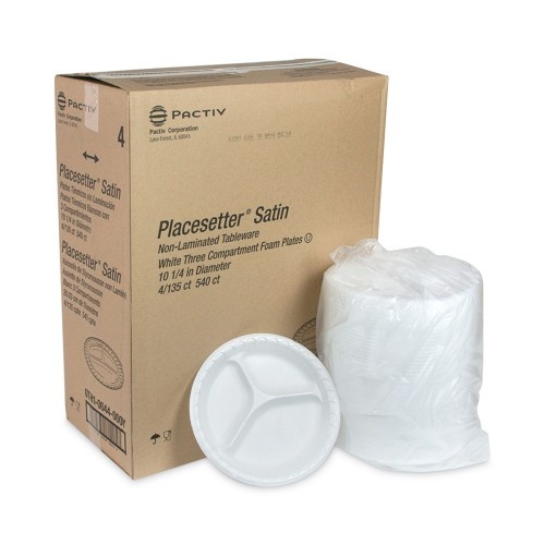Pactiv Placesetter Satin Non-Laminated Foam Dinnerware, 3-Compartment Plate, 10.25" Dia, White, 540/Carton