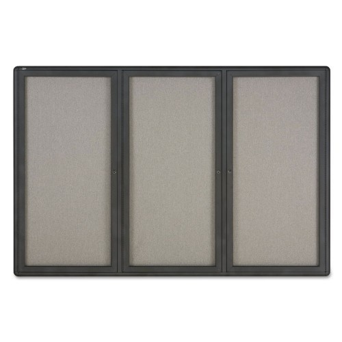 Quartet Enclosed Indoor Fabric Bulletin Board With Three Hinged Doors, 72 X 48, Gray Surface, Graphite Aluminum Frame
