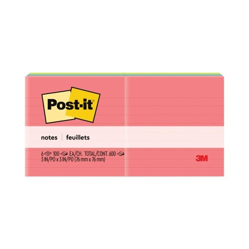 Post-It Original Pads In Poptimistic Collection Colors, Note Ruled, 3" X 3", 100 Sheets/Pad, 6 Pads/Pack