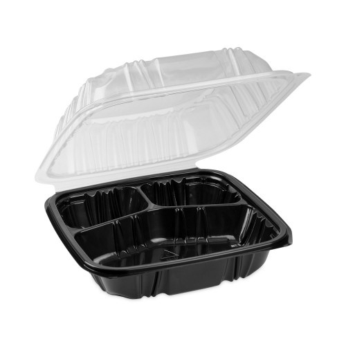 Pactiv Earthchoice Vented Dual Color Microwavable Hinged Lid Container, 3-Compartment, 21Oz, 8.5X8.5X3, Black/Clear, Plastic, 150/Ct