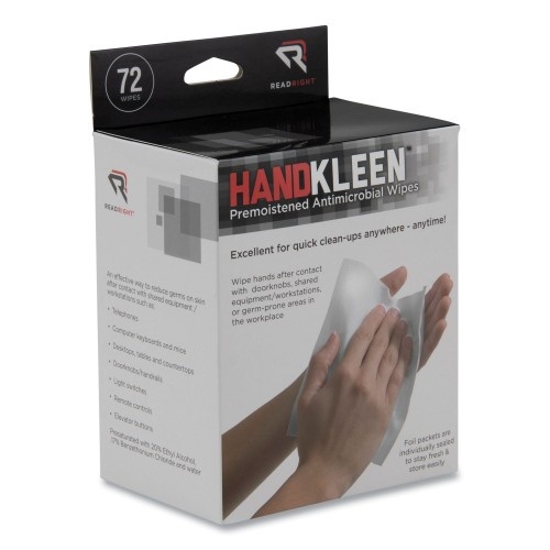 Read Right Handkleen Premoistened Antibacterial Wipes, 7 X 5, Foil Packet, Unscented, White, 72/Box