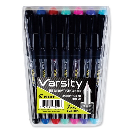 Pilot Varsity Fountain Pen, Medium 1 Mm, Assorted Ink Colors, Gray Pattern Wrap, 7/Pack