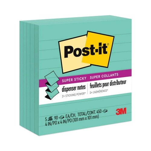 Post-It Pop-Up Notes Refill, Note Ruled, 4" X 4", Aqua Wave, 90 Sheets/Pad, 5 Pads/Pack
