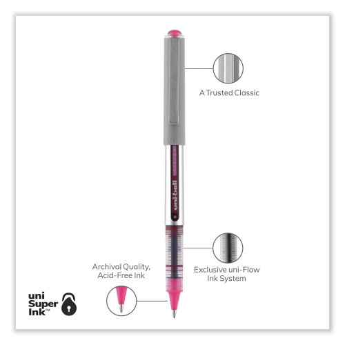 Uni-Ball Vision Roller Ball Pen, Stick, Fine 0.7 Mm, Pink Ink, Gray Barrel, Dozen