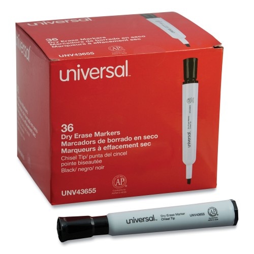 Universal Dry Erase Marker, Broad Chisel Tip, Black, 36/Pack