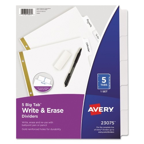 Avery Write And Erase Big Tab Paper Dividers, 5-Tab, 11 X 8.5, White, White Tabs, 1 Set