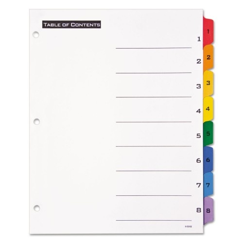Office Essentials Table 'N Tabs Dividers, 8-Tab, 1 To 8, 11 X 8.5, White, Assorted Tabs, 1 Set
