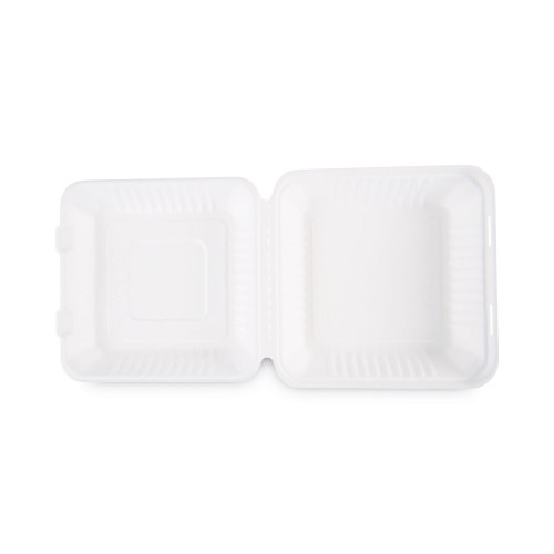 Boardwalk Bagasse Food Containers, Hinged-Lid, 1-Compartment 9 X 9 X 3.19, White, Sugarcane, 100/Sleeve, 2 Sleeves/Carton