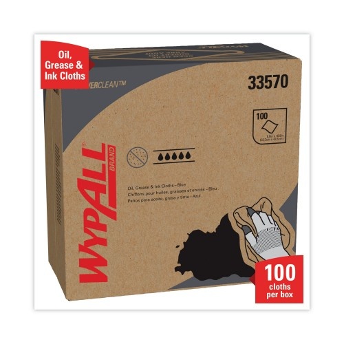 Wypall Oil, Grease And Ink Cloths, Pop-Up Box, 8 4/5 X 16 4/5, Blue, 100/Box, 5/Carton
