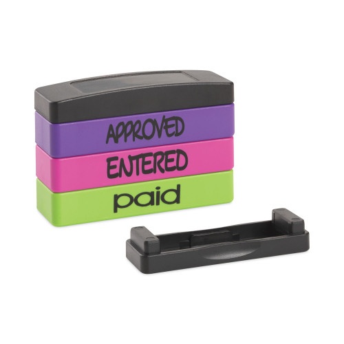 Trodat Interlocking Stack Stamp, Approved, Entered, Paid, 1.81" X 0.63", Assorted Fluorescent Ink
