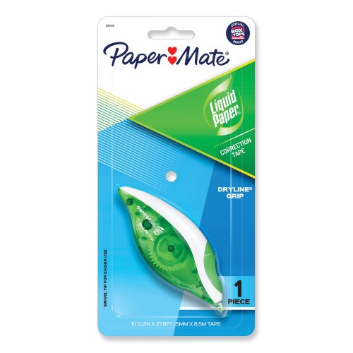 Paper Mate Dryline Grip Correction Tape, Non-Refillable, Gray/Green Applicator, 0.2" X 335"