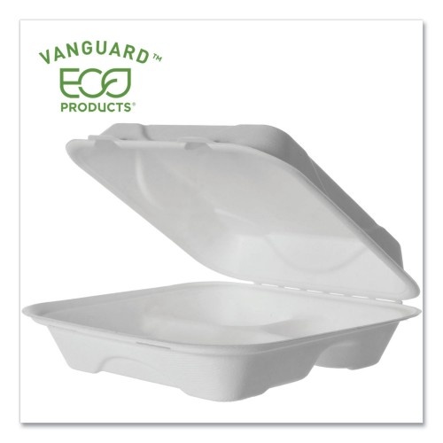 Eco-Products Vanguard Renewable And Compostable Sugarcane Clamshells, 3-Compartment, 9 X 9 X 3, White, 200/Carton