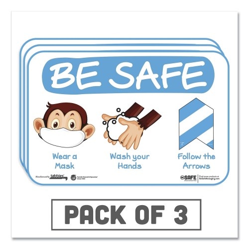 Tabbies Besafe Messaging Education Wall Signs - 9 x 6 inches, 'Be Safe, Wear a Mask, Wash Your Hands, Follow the Arrows', Monkey, 3/Pack