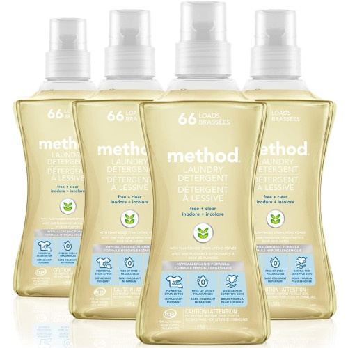 Method 4X Concentrated Laundry Detergent, Free And Clear, 53.5 Oz Bottle, 4/Carton